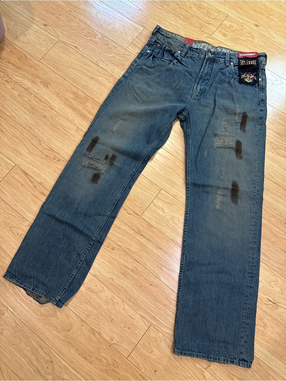 UNIONBAY King Men’s Straight Leg Jeans 36x32 Distressed Y2K Blue Denim NWT Y2K